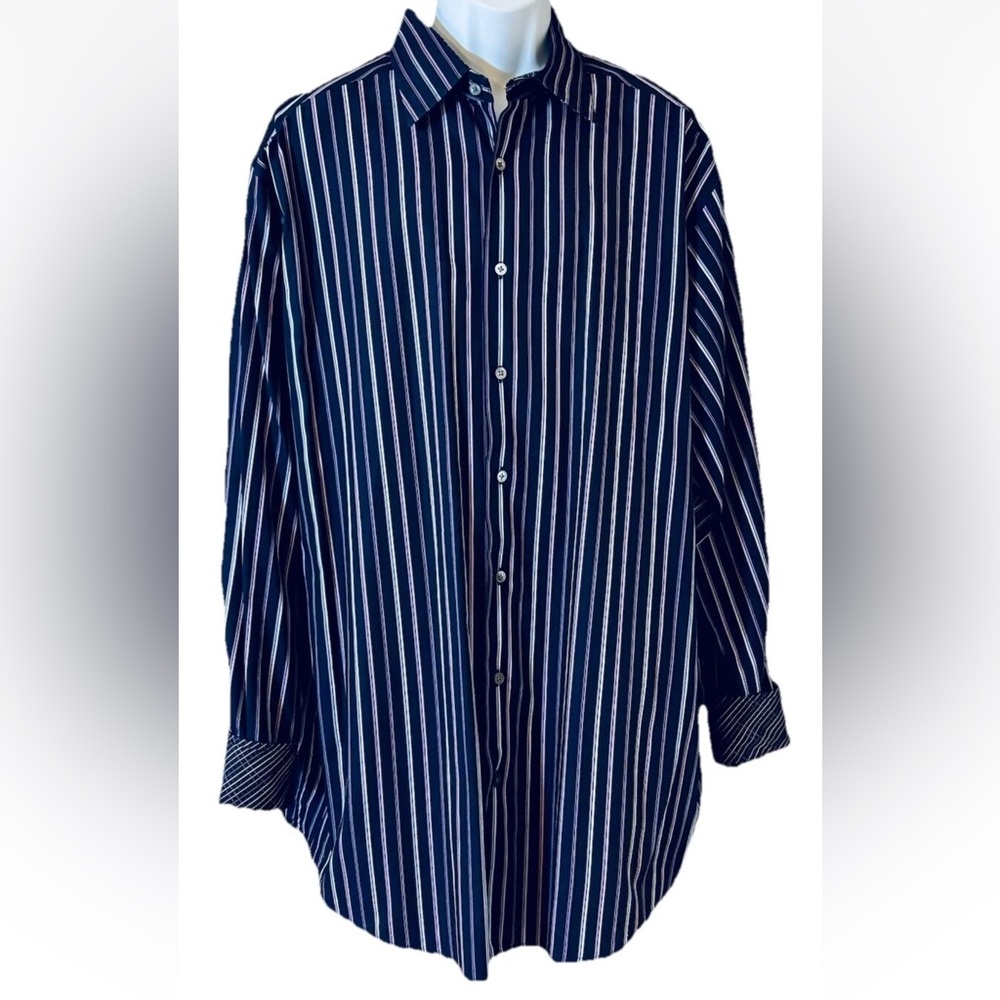 Murano Men's Size 2XLT Flip Cuff Long Sleeve Shirt Striped European Fabric Navy